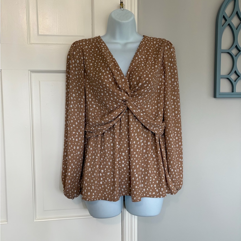Pleione Brown and White Polka Dot Blouse